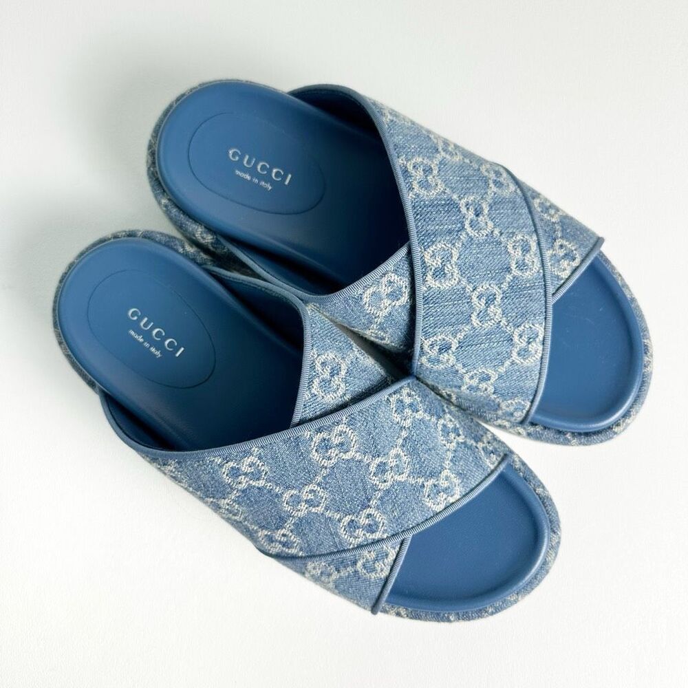 Gucci Blue Denim Platform Sandal Slides - Picture 5 of 13